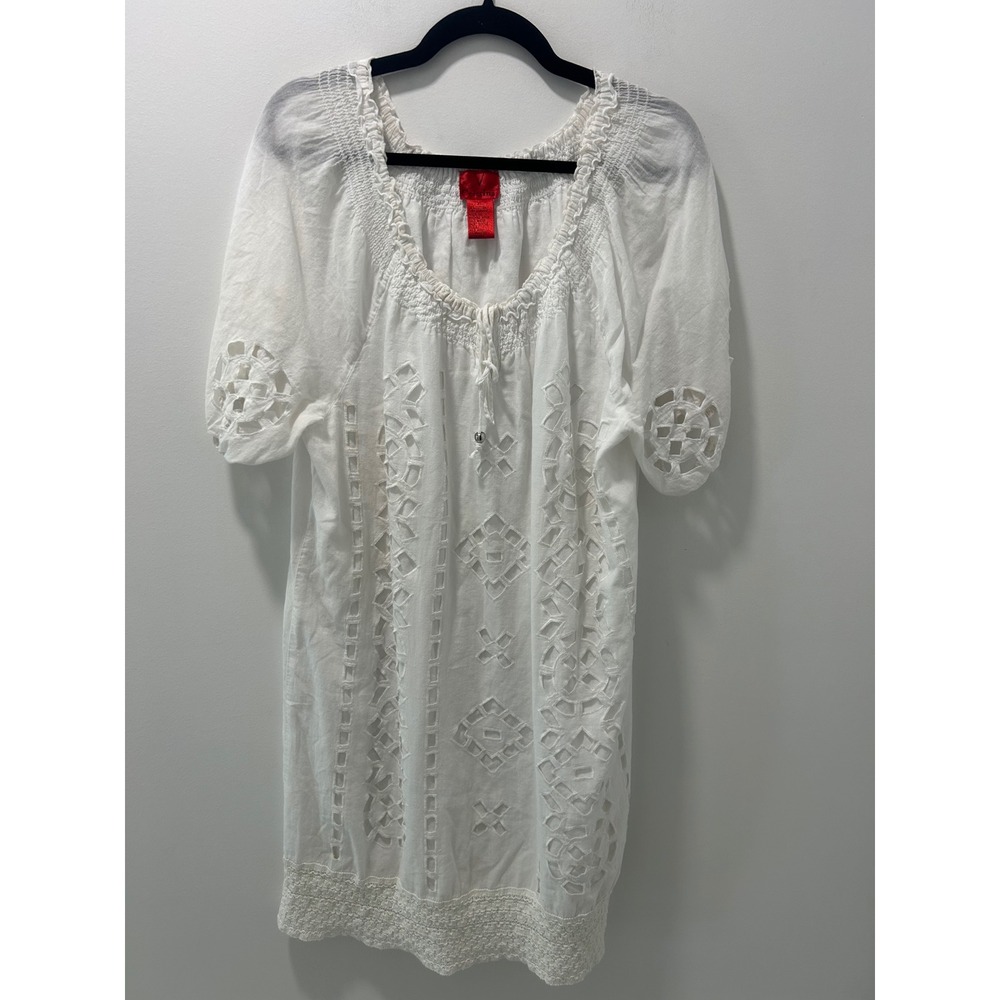 V Cristina White Cotton Eyelet Cutout Smocked Tunic Dress XL Boho Beach Coverup
